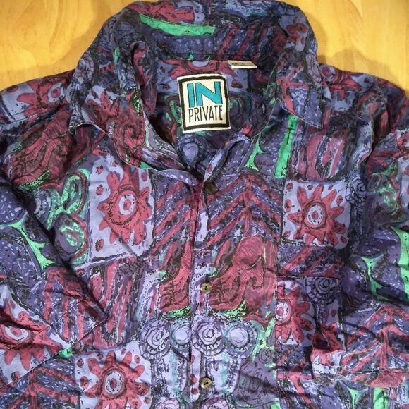 Vintage In Private Abstract Pattern Silk Hawaiian Shirt - Picture 1 of 8
